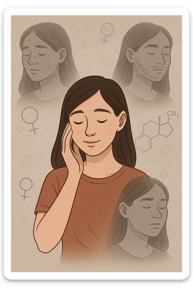 A young woman is surrounded by faint overlays of hormonal symbols and androgen molecules, with shadowy images of acne, facial hair, and oily skin projected around her, symbolizing the symptoms of PCOS with androgen excess. She looks down, gently touching her face with a resigned but hopeful expression, symbolizing her journey toward managing these symptoms. sticker