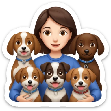 brunette woman surrounded by 4 dogs sticker