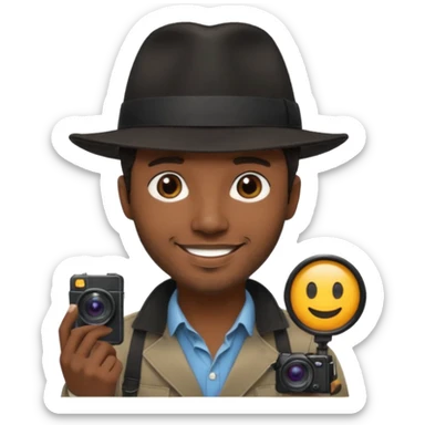 smiling Black photographer wearing black fedora, short messy dark brown hair, stubble sticker