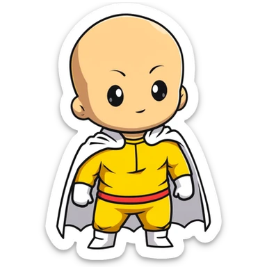 super cute chibi Saitama from One Punch Man with bald head, yellow jumpsuit, white cape and innocent face sticker