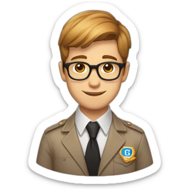 Light brown hair boy with glasses, with a white elegant shirt and a badge with the word "Carmelo - GFT" on it sticker