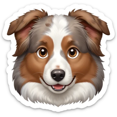 cute close-up of Australian Shepherd dog face, adorable expression, detailed heterochromatic eyes (one blue one brown), fluffy fur with merle pattern, expressive ears, sweet smile sticker