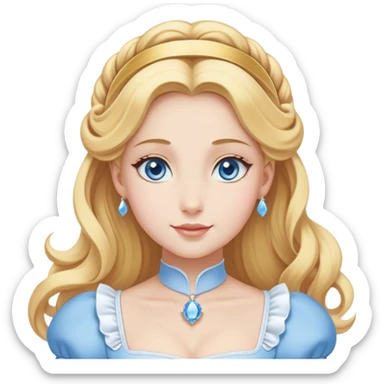Cinematic Elegant Cinderella Portrait Emoji, Graceful and poised in her classic maid attire, golden locks cascading softly, bright blue eyes full of hope, a gentle glow of kindness and determination, delicate and humble yet undeniably beautiful, evoking the moment before her magical transformation, pure enchantment in her gaze! sticker