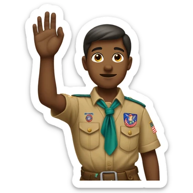 Boy-scout with his right hand up with palm facing front, with fingers straight except the thumb that is positioned over a bent pinky sticker
