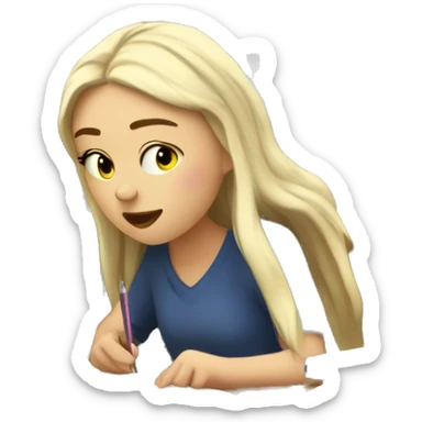 A tired white girl student writing an outline amongst books and a computer   sticker