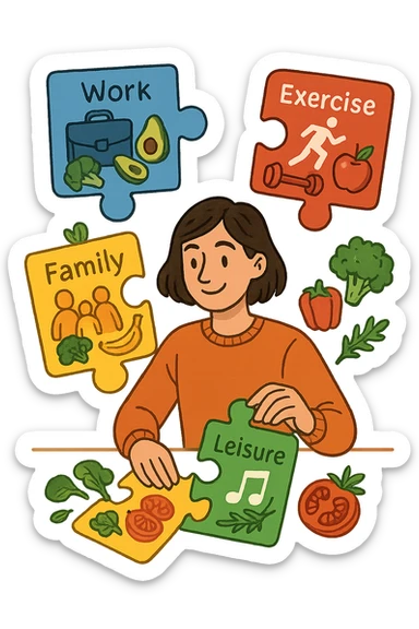 a person is surrounded by puzzle pieces, each representing a different aspect of their life (work, exercise, family, leisure), and healthy foods are integrated into each piece. The person assembles the puzzle, creating a complete, personalized nutrition plan. The mood is uplifting and creative. in italiano sticker