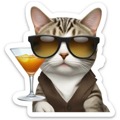 Cat eating duck breast with sunglasses on and a martini on the side sticker