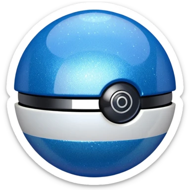 blue pokeball emoji, top half is a more saturated blue, bottom half is white, black stripe, with a white sheen, with a pearlescent finish, with a glitter sparkle effect sticker