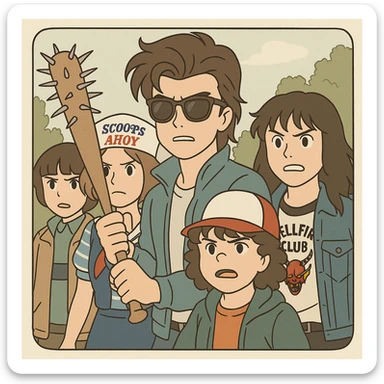 Iconic Stranger Things scene: Steve Harrington protecting the kids with a spiked baseball bat, all together in a mood of courage, simple line art, light pastel tones, thick outlines, Ghibli style, 1:1 format, safe and friendly. sticker