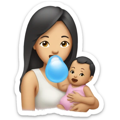 Asian woman gives her baby a pacifier sticker