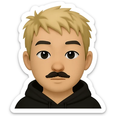 Add a black hoodie to the Asian man with a small mustache and short messy blond hair in emoji style. Preserve the transparent background. The man has a neutral expression. sticker