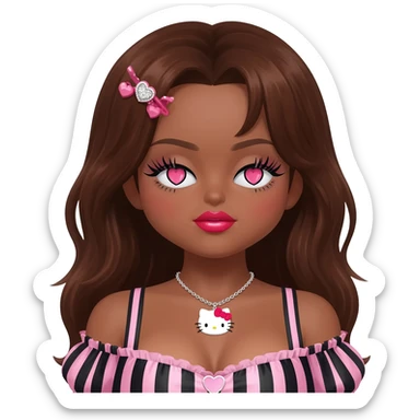 heart shaped lips, cute glossy lips, doll eyes with long lashes, dark brown skin, brown hair, big chest, hello kitty necklace, one bow clip, bimbocore outfit sticker