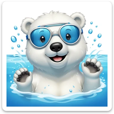 friendly anthropomorphised polar bear wearing swimming goggles, swimming in a wide pool with water splashing around sticker