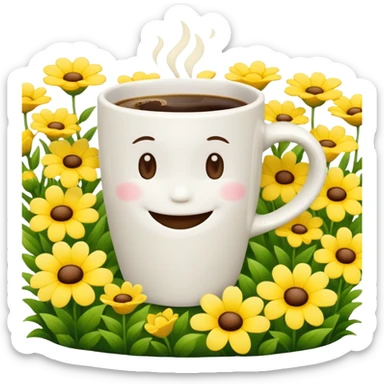 Coffee cup smiling in a garden of yellow flowers  sticker