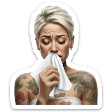Hyper Realistic Beautiful tattooed woman crying holding a tissue   sticker