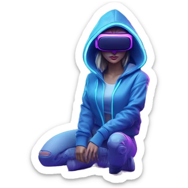 Create a 3D model of a Russian girl wearing a blue "OMG" hoodie and VR headset in a cyberpunk VR environment with violet neon lighting. sticker