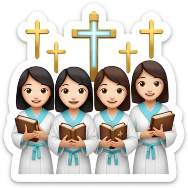 eight asian girls holding bibles and crosses and laughing to each other sticker