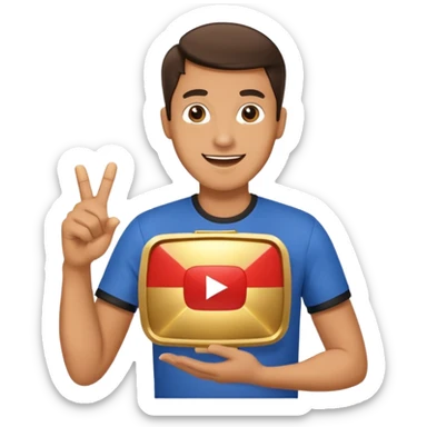 a happy man holding youtube golden play button sticker