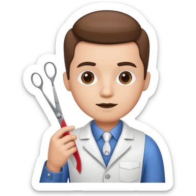 virtual assistant character in a small barber shop, holding scissors and comb sticker