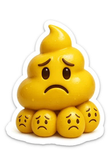 emoji stile iphone di una cacca giallina e liquida con espressione triste, sopra una montagnetta di feci a palline con espressione triste, iperrealistico 4k, isolato su sfondo bianco sticker
