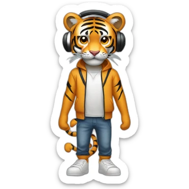 tiger standing on 2 feet wearing headphones sticker