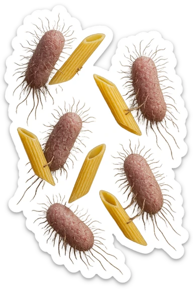 SEI BATTERI intestinALI FLUTTUANO IN ARIA CON PENNE DI PASTA RIGATE, IPERREALISTICO 4K sticker