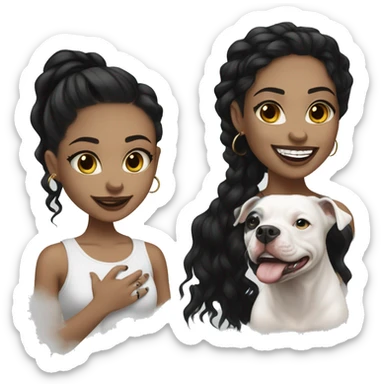 light skin woman with a face tattoo of a cross and long wavy black hair expressing joy alongide a white miniature pitbull  sticker