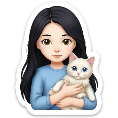 A girl with long black hair holding a cute ragdoll cat sticker