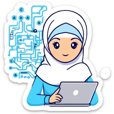 computer science woman with white hijab in blue outfit, with floating code elements, programming syntax, algorithms visualization, database schemas, software design patterns, command line interfaces, binary trees, and computational formulas surrounding her sticker