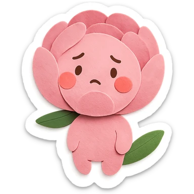 pink peony flower with a round plump body, blushing cheeks, nervous expression, soft cute style, soft pink tones, full body, paper craft style sticker