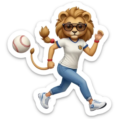 friendly anthropomorphised female lion wearing a baseball shirt, jeans, trainers, dark sunglasses, jogging upright, dominant confident expression sticker