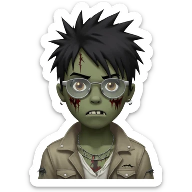 Boy, zombie, black hair, medium long, spiky hair, emo, shaggy, dark, spooky, creepy expression emoji, add transparent glasses, a risk on the eyebrow, some tattos sticker