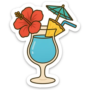 blue tropical cocktail with hibiscus, pineapple, and paper umbrella garnishes, flat toon style sticker