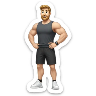 Full height Actively gesturing with hands Pale skinned Fit Man With the biceps and brown hair in dark gray Sleeveless Mike, black oversize sports shorts, watch and white Sneakers sticker