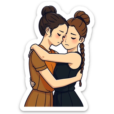 Comforting Hug two white skin women, one shorter woman with medium brown simple top ponytail, not braided, and one taller skinny sad face woman with a single long black side braid sticker