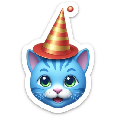 blue dancing cat with a party hat as line illustration sticker