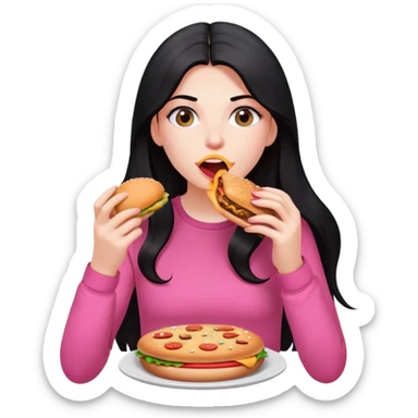 White girl in pink clothes and long black hair eating burger and pizza sticker