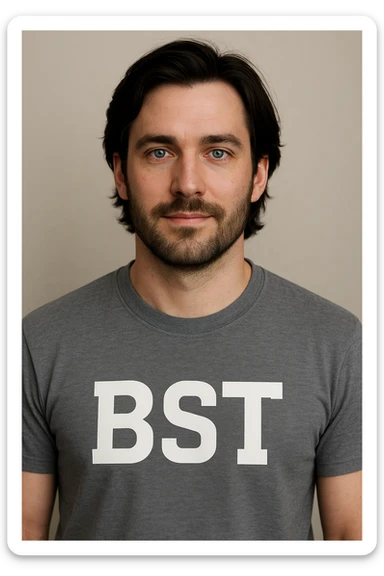 male avatar, 30 years old, Caucasian, white skin, dark medium-length hair, blue eyes, chest-up view, shirt displays 'BST' text sticker