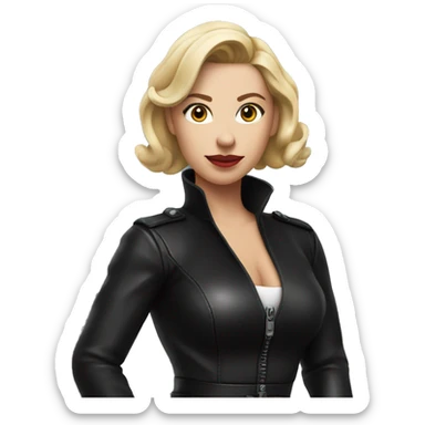 sacarlett johansson in black leather dress  pointing forward sticker