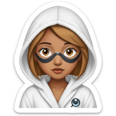 Light brown skin woman wearing hooded bath robe with eye patches on sticker