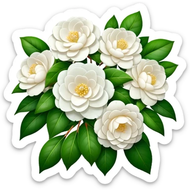 big bouquet White Camellia Japonica, luxuriant, stem, leaf sticker