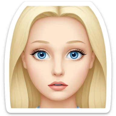 Bonnie Blue Porträt einer jungen Frau mit ovalem Gesicht, großen hellblauen Augen, langen Wimpern und geschwungenen Augenbrauen. Gerade, feine Nase und volle Lippen mit sichtbarem Lächeln. Glatte, leicht gebräunte Haut mit natürlichem Glow. Schulterlanges, blondes Haar mit Locken und Mittelscheitel sticker