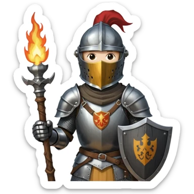 knight holding a short wooden torch in hand wearing darker, realistic iron armor, and a closed slitted helmet in dark souls style sticker