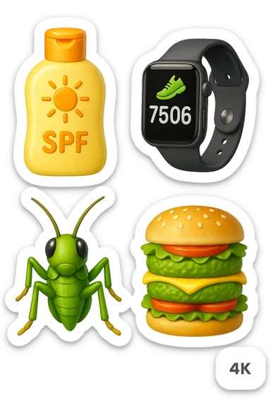 emoji stile iphone di una boccetta di CREMA SOLARE, UNO SMARTWATCH CONTAPASSI, UN GRILLO, UNA TORRETTA DI HAMBURGER FATTI CON I PISELLI, IPERREALISTICO 4K sticker