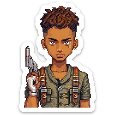 brown-skinned boy with low taper fade, coily hair, septum piercing, two eyebrow slits on left eyebrow, long nose bridge, button nose, holding a gun, serious face, pixel art style sticker