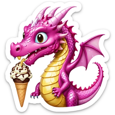 A shiny, glittery dragon in pink tones eats vanilla and chocolate ice cream sticker