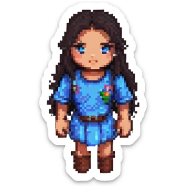 young woman with dark hair and medium skin, pixel art style, 8-bit style, blocky pixels sticker
