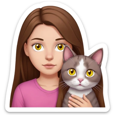 white girl with long brown hair and brown eyes with a septum piercing wearing a pink shirt holding a gray cat with yellow eyes  sticker