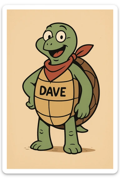 turtle named Dave standing upright with red bandana, cheerful look sticker