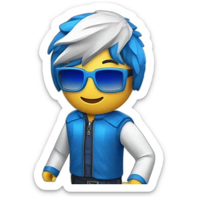 personaje de roblox, rubio con chaqueta azul y en la chaqueta azul manchas blancas, unas gafas de realidad virtual azules y alas de carton sticker